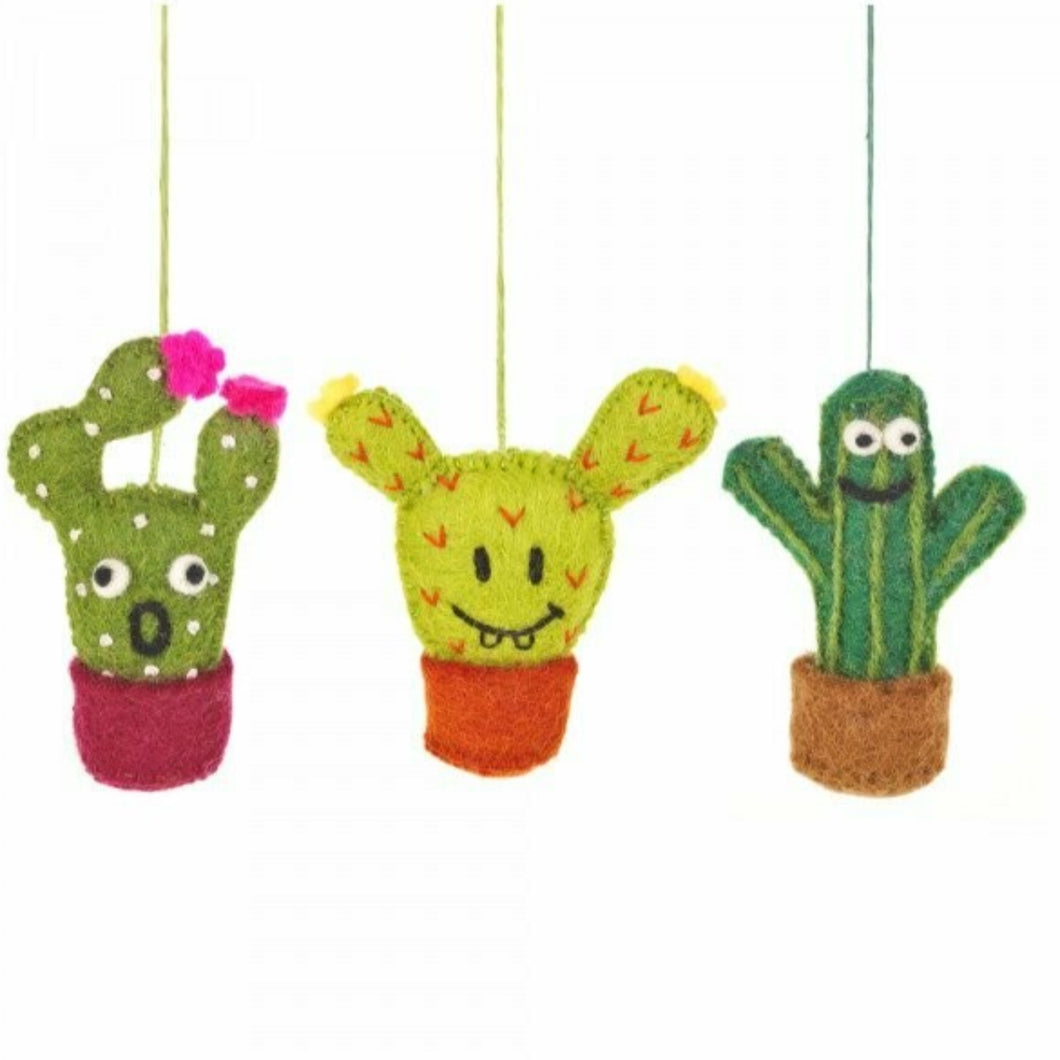 Set of 3 Fair Trade & Eco Friendly Crazy Cacti Novelty Hanging Decoration Needle Felted - Christmas