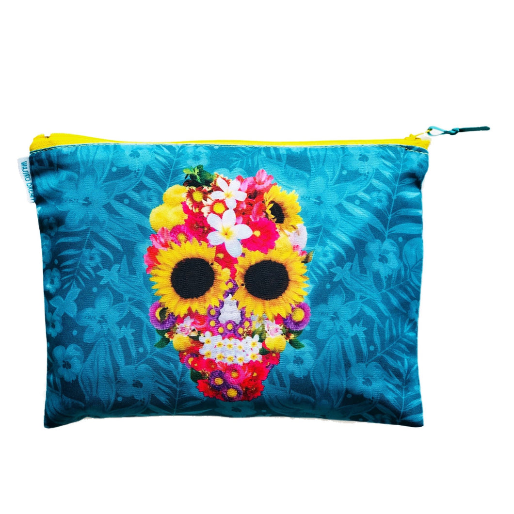 Makeup Bag Mexican Skull with Flowers Zip - By Wajiro Dream MexiPop Art Design