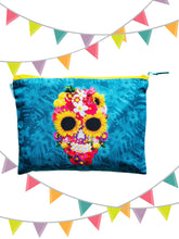 Load image into Gallery viewer, Makeup Bag Mexican Skull with Flowers Zip - By Wajiro Dream MexiPop Art Design
