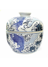 Load image into Gallery viewer, Fish and Foam Porcelain Pot reminiscent of Hokusai&#39;s Great Wave
