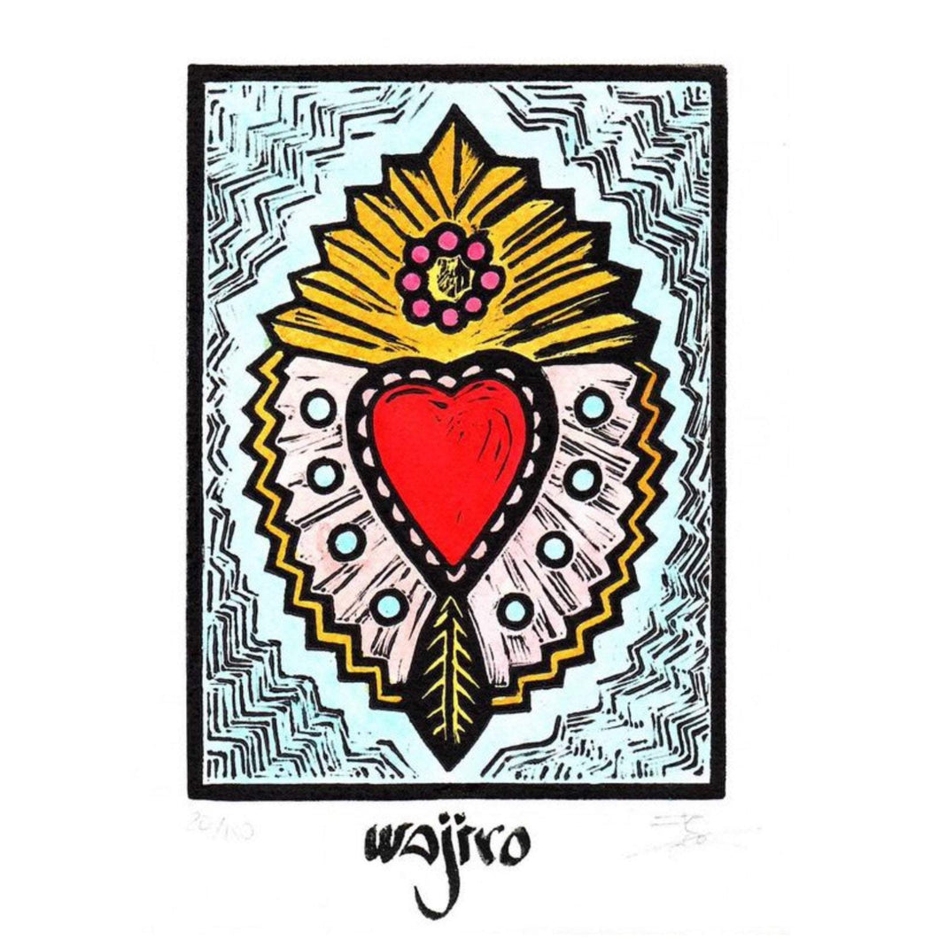 Mexican Crowned Ex-Voto Heart - Linocut and watercolour Engraving - 17.5x12.5cm - 2017 Limited Edition 2017