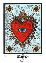 Load image into Gallery viewer, Mexican Ex-Voto Heart with Colourful Rays - Linocut and watercolour Engraving - 25x17.5cm - 2017 Limited Edition 2017 - Mexican Art
