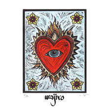 Load image into Gallery viewer, Mexican Ex-Voto Heart with Colourful Rays - Linocut and watercolour Engraving - 25x17.5cm - 2017 Limited Edition 2017 - Mexican Art
