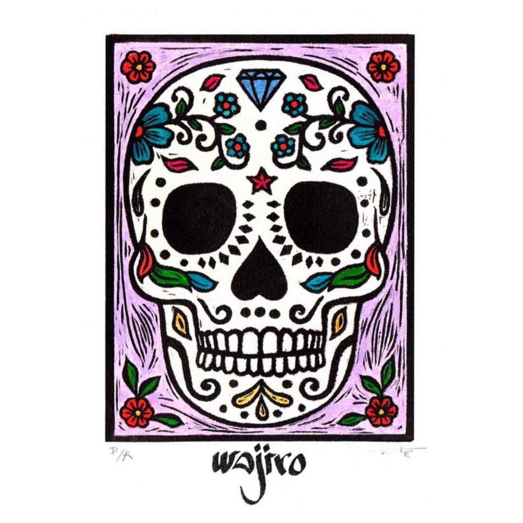 Mexican Skull with Diamond Small Engraving - Linocut and Watercolour - 17.5x12.5cm - 2017 Limited Edition 2017 - Mexican Art