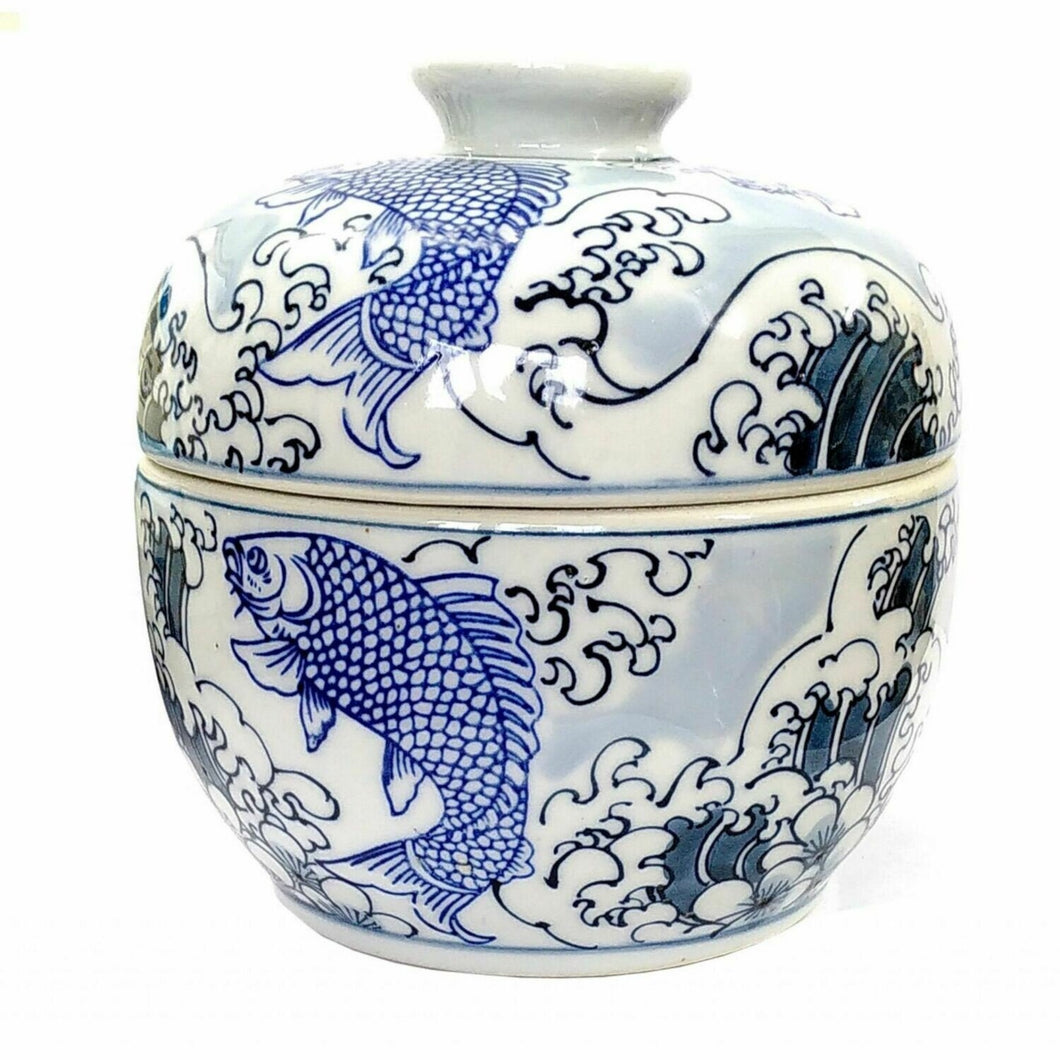 Fish and Foam Porcelain Pot reminiscent of Hokusai's Great Wave