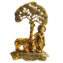 Load image into Gallery viewer, Lord Krishna and Cow Under Tree Golden Metal Homedecor
