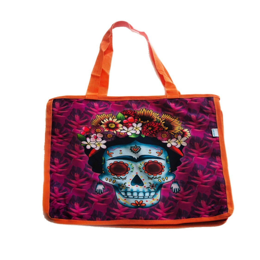 Mexican Catrina with Floral Headband Grocery Bag By Wajiro Dream -Mexipop Art Design