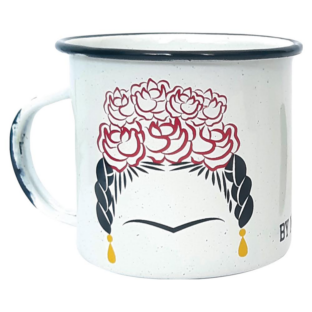 Coffee Enamel Mug Mexican Frida with Flowers - ByMexico